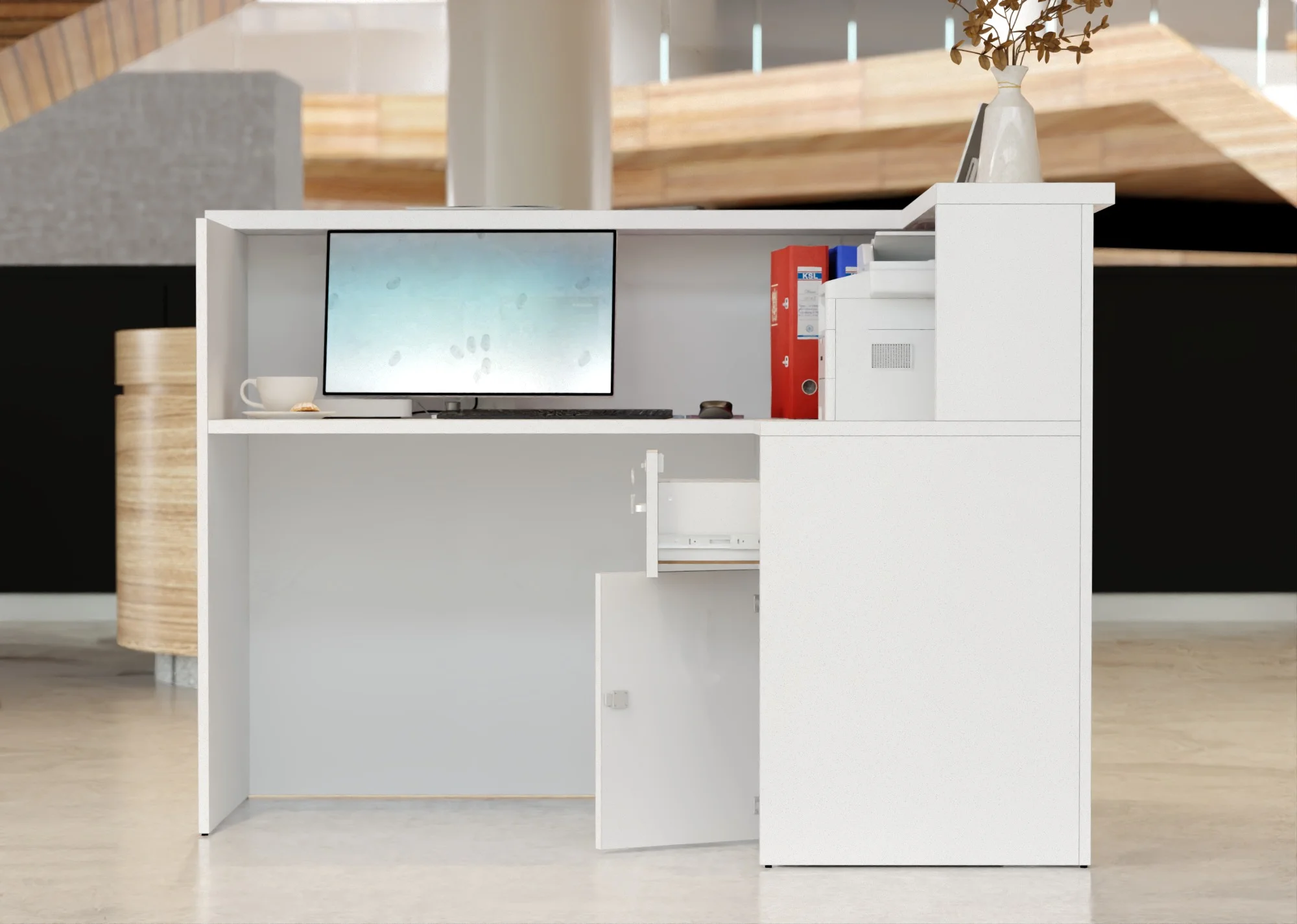 Lada recepcyjna z panelami drewnianymy